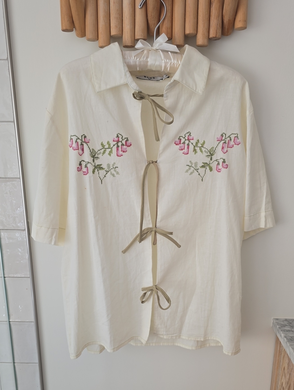 Cream Button-Tie Blouse with Pink Floral Embroidery